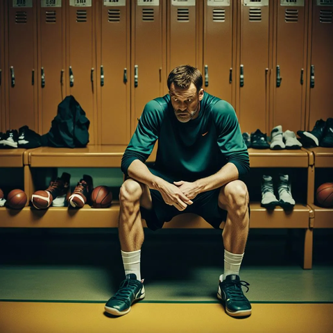 Angry basketball player sitting at bench in sport locker room