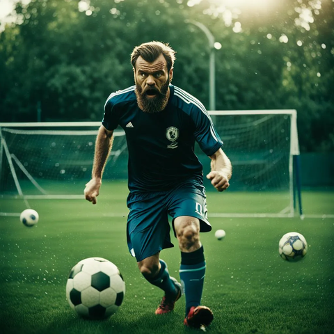 Bearded angry soccer player on playground trying to hit soccer ball.