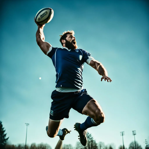 Rugby bearded player jumping and catching rugby ball in the air