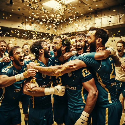 Handball male team celebrating the victory in the locker room laughing hugging kissing confetti