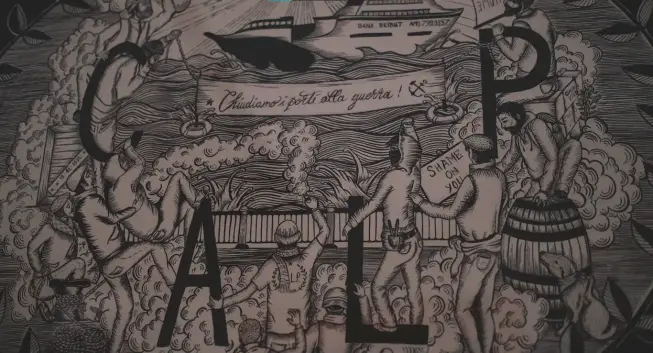 Genoa’s Autonomous Dockworkers’ Collective (CALP)  is organizing transnational strikes of dockworkers against militarism, and been instrumental in getting all weapons shipments to active warzones banned in the city of Genoa.

Art illustration CALP a large ship & dock workers 