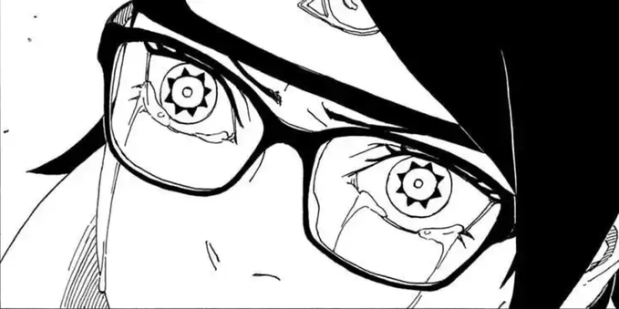 Sarada awakening her Mangekyō Sharingan from the manga series Boruto: Naruto Next Generations Chapter 80.
