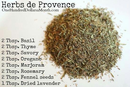 A recipe to make your own Herbs De Provence ... (2 Tbsp) Each of dried basil, dried thyme, dried savory, dried oregano, dried marjoram, dried rosemary & fennel seeds; (1 Tbsp) dried lavender.