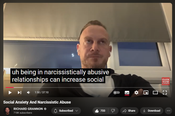 https://www.youtube.com/watch?v=MJtWduhEFew
Social Anxiety And Narcissistic Abuse


10,664 views  Streamed live on 31 Oct 2024
Social Anxiety And Narcissistic Abuse