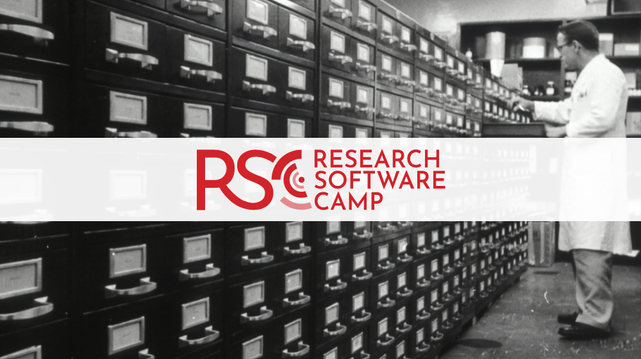 RSC logo, a man in a lab coat in front of a filing cabinet