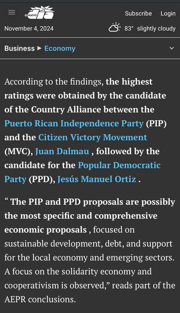 Article from El Nuevo Dia assessing the MVC/PIP Alliance as having the best economic plan 