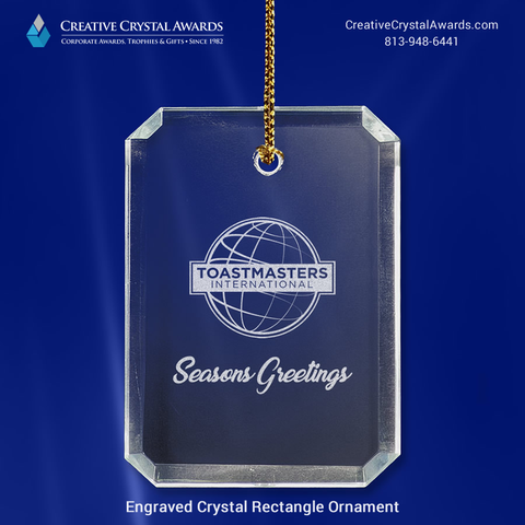 Engraved crystal rectangle ornament, corporate crystal holiday ornament, crystal Christmas ornament, crystal holiday ornament, crystal suncatcher ornament, rectangle crystal ornament, crystal promotional ornament, crystal corporate ornament, engraved crystal ornaments, personalized glass ornaments promotional holiday gift, Creative Crystal Awards USA