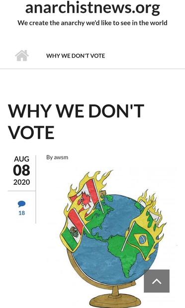 Image of a global with national flags on rightful fire with headline reading Why We Don't Vote published by Anarchist News