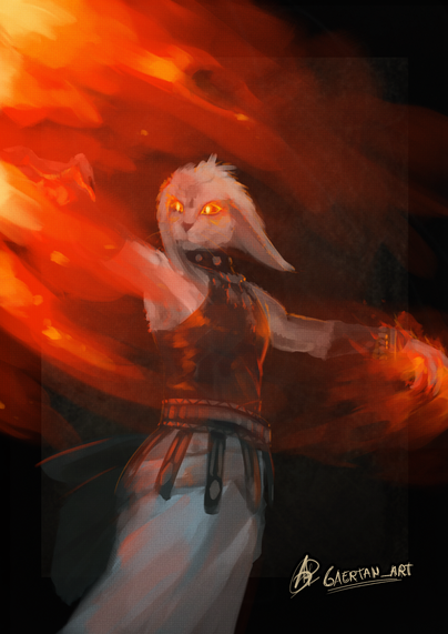 digital illustration of an anthropomorphic rabbit  wearing mage clothing, casting a flaming spell towards a side, left hand blown back by the recoil