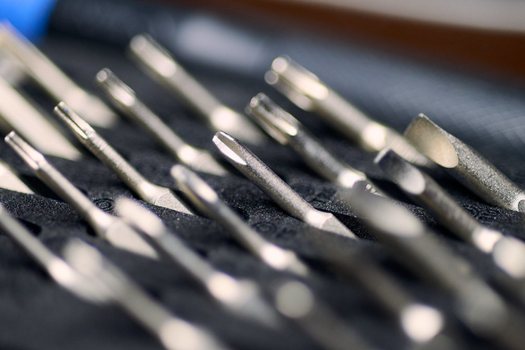 A macro photo of a set of screwdrivers tips