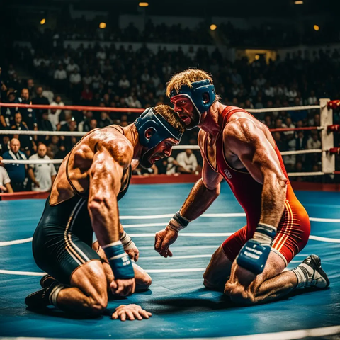 two wrestlers at European Wrestling Championship competition Olympics