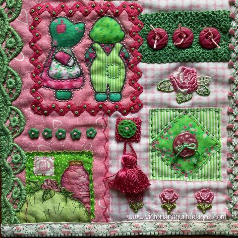 Green & pink collage quilt block. 