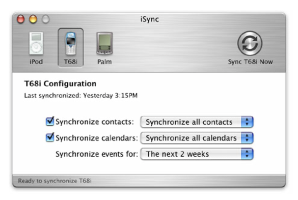 Screenshot of Apple's iSync application, featuring a lot of brushed metal looks.