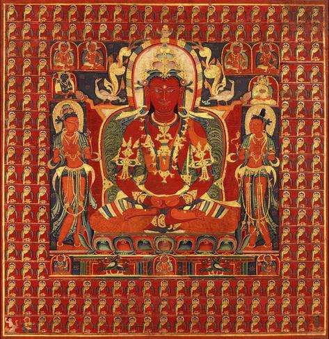 #Thangka of #Amitayus #Buddha, 14th century. Central #Tibet. Distemper and gold gesso on cloth. Inscribed #Tibetan red ink 'om ah hum' invocations behind each diminutive figure and a series of prayers and #mantras devoted to Amitayus arranged within the drawn outline of a stupa behind the central figure.
#BuddhistArt #Buddhism