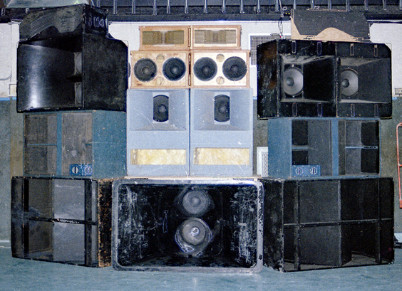 Large PA speaker stack including Community Leviathan