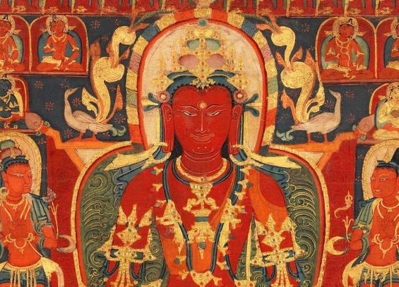 #Thangka of #Amitayus #Buddha, 14th century. Central #Tibet. Distemper and gold gesso on cloth. Inscribed #Tibetan red ink 'om ah hum' invocations behind each diminutive figure and a series of prayers and #mantras devoted to Amitayus arranged within the drawn outline of a stupa behind the central figure.
#BuddhistArt #Buddhism