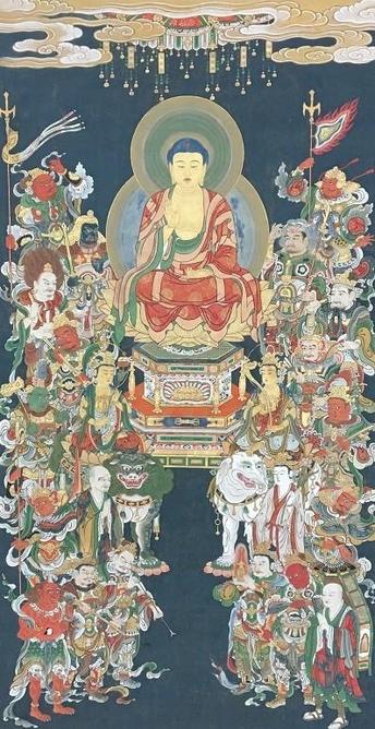 A hanging scroll dating to the #Edo period (1600-1868) depicting the #Buddha #Shakyamuni (釈迦如来 #Shaka #Nyorai) surrounded by the Sixteen Divine Protectors of the Great Wisdom Sutra, Henjōzan Saifuku-ji, Ide, Kyoto Prefecture, #Japan.
#BuddhistArt #Buddhism