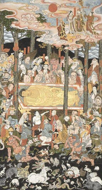 #Buddha's #parinirvana, 1832 by Monk Gyokusen. The historical Buddha, #Shakyamuni, is thought to have lived in the 6th or 5th century BCE. After a long illness, he decided his earthly life would end at Kushinagara in #India.
#BuddhistArt #Buddhism