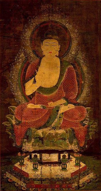 #Shaka #Nyorai i.e. the historical #Buddha #Shakyamuni in the collection of Jingo-ji up on Mount Takao in far northwest #Kyoto, #Japan. Hanging scroll (#kakemono), gold & color on silk dating to the 12th century.
#BuddhistArt #Buddhism