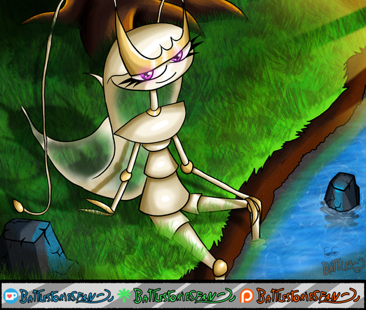 Digital drawing of Pheromosa from pokemon, sitting by a river with her legs partially dipped in the water. She's smiling at the viewer.
