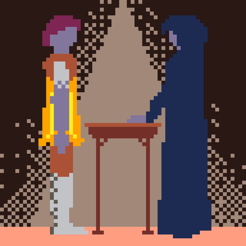 Static pixel art.
Under a pool of light, two figures stand in opposition at a small table. One, in bright armor, stares down at the table. The other figure, in a dark cloak, pushes the resulting card towards the armored figure.