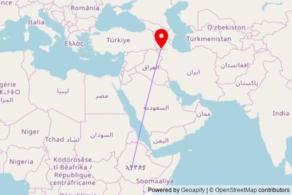 A map showing the great circle route from Ladisa in Ethiopia to a map pin at مسجد جامع روستای شیراز, دهستان خضرلو, امام حسین, East Azerbaijan Province, 55416-37696, Iran