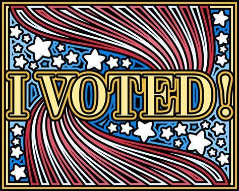 An I voted sticker with all caps text reading "I VOTED", surrounded by upper and lower swirls of red and white lines, with a background of white stars against a blue sky.
