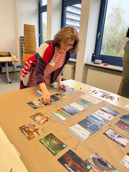 Teilnehmerin gestaltet ein Plakat bzw. Diagramm, handschriftliche Notizen und bunte Themenkarten rund um das Klima Puzzle