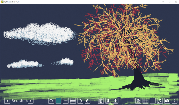 Muestra un dibujo de un árbol en una pradera en un día despejado con algunas nubes. Está creado con la herramienta Turtle Sandbox