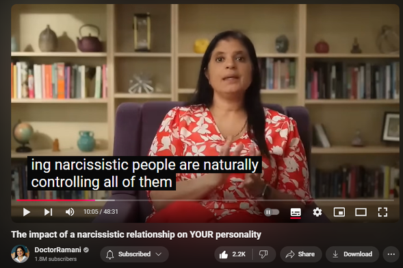 https://www.youtube.com/watch?v=moBe4RUSg7A
The impact of a narcissistic relationship on YOUR personality

38,965 views  30 Oct 2024
NORTH CAROLINA RETREAT
November 1-3, 2024
https://artoflivingretreatcenter.org/...

ORDER MY NYT BESTSELLING BOOK 📖 "IT'S NOT YOU"
https://smarturl.it/not-you