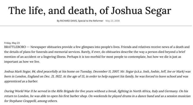 Voluntary Terminal Dehydration: THE DEATH OF JOSHUA SEGAR By Richard Davis, © 2008 Brattleboro Reformer: May 23