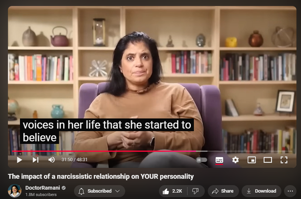 The impact of a narcissistic relationship on YOUR personality
https://www.youtube.com/watch?v=moBe4RUSg7A

38,965 views  30 Oct 2024
NORTH CAROLINA RETREAT
November 1-3, 2024
https://artoflivingretreatcenter.org/...

ORDER MY NYT BESTSELLING BOOK 📖 "IT'S NOT YOU"
https://smarturl.it/not-you