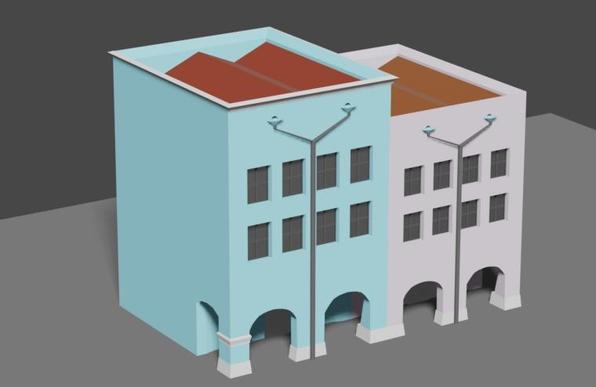 Rekontruktion (vereinfachte Darstellung) von zwei Gebäuden in der Inn-Salzach-Bauweise. Um die Dachform zu beschreiben, bediene ich mich an folgender haptischen Darstellung: Das Gebäude ist wie ein Pappkarton, in welches im oberen Bereich waagerecht ein zick-zack-gefaltetes Papier (Dach) geklebt wurde. Der Regen kann aufgrund von Durchlässen abfließen. 