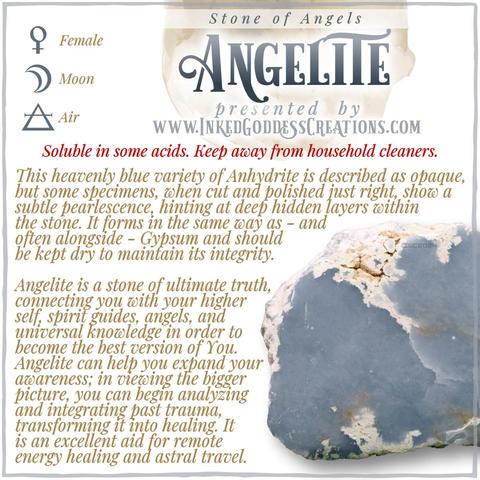 A partially polished chunk of angelite sits against a white background. It's a sky blue slab with white and beige inclusions. The text explains angelite's metaphysical correspondences, some trivia about it, and ways to use it in your magickal practice. Presented by Inked Goddess Creations.