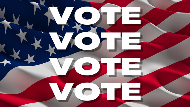 An American Flag background with the word "vote" overlaid four times