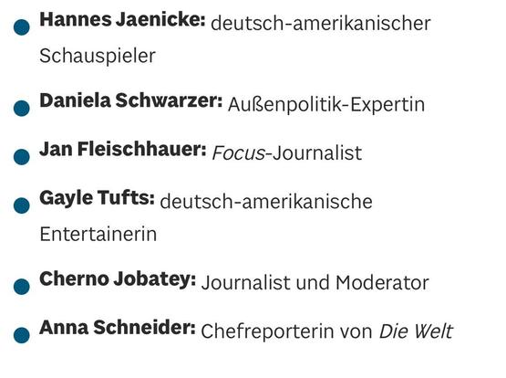 Hannes Jaenicke: deutsch-amerikanischer
Schauspieler
• Daniela Schwarzer: Außenpolitik-Expertin
• Jan Fleischhauer: Focus-Journalist
• Gayle Tufts: deutsch-amerikanische
Entertainerin
• Cherno Jobatey: Journalist und Moderator
• Anna Schneider: Chefreporterin von Die Welt