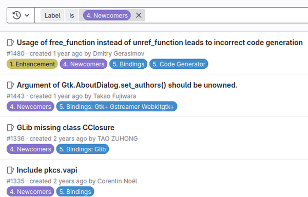 screenshot of the github issues page with filtering for newcomer issues