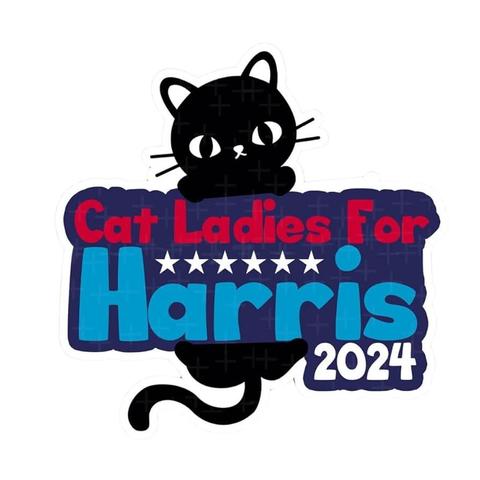 Cat ladies for Harris 2024, a black cat holding a SIGN. 