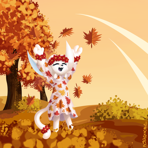 A very beautiful art commission of autumn season made by dexstnc, a friend on discord, twitter, instagram, and bsky! Cosmos playing in the pile of leaves in this very beautiful day of the season. 🍁🍂

Cosmos the Falling Flower belongs to me 