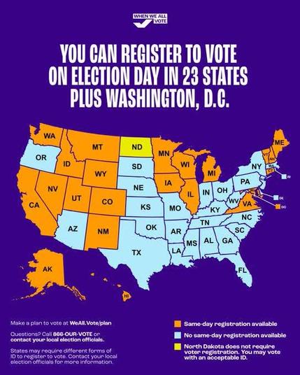 US map showing states with same day voter registration