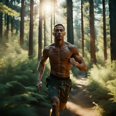 Soldier exercise running in the woods jog shirtless sunny pine tree flowers