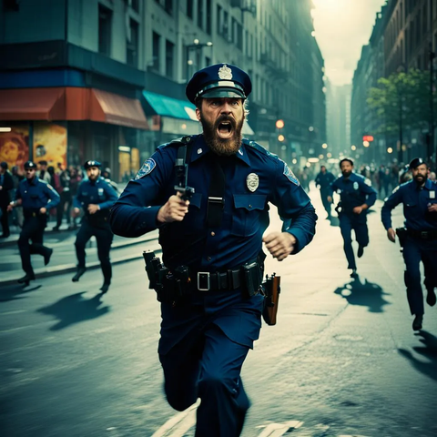 policeman running in the busy city street chasing someone, he is angry, bearded, has police uniform