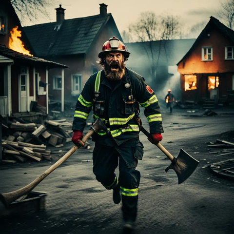 Bearded firefighter running in the village holding an axe and screaming to warn others bystanders around in the village square