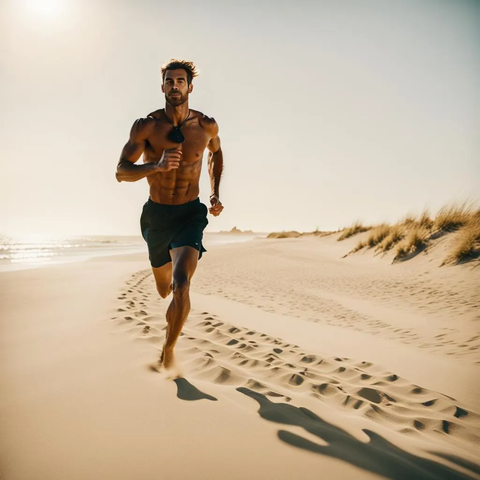 barefoot male athlete running along the beach in the sand