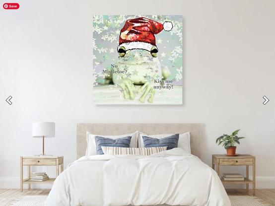 Cute tree frog wearing a Santa hat with the words No Mistletoe? and Kiss Me Anyway.  It's meant to be funny.  Art by Sharon Cummings.