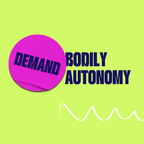 A pink circle containing the word "DEMAND"
Followed by the words: "BODILY AUTONOMY"