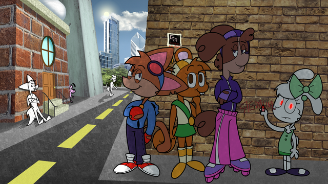 Murphy, Mitzi, Zoe, and Bunny chill together in an uncanny-looking city.