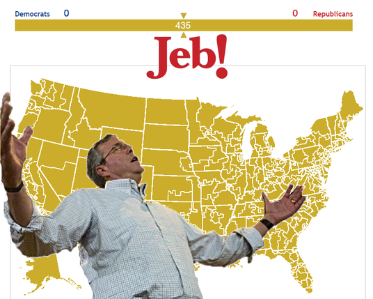 The meme where Jeb Bush stands, arms outstretched and facing the sky, in front of a fake election map of the US where every single district has voted for him.