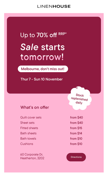 Listing for Linenhouse's stocktake sale starting tomorrow. 