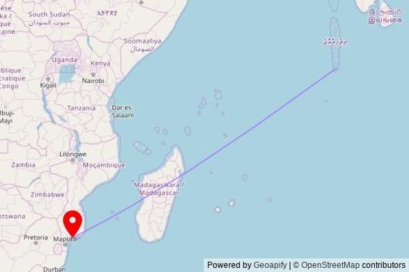 A map showing the great circle route from Fuvahmulah in the Maldives to a map pin at IURD, N1, Xai-Xai, Mozambique